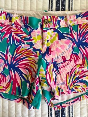 Lilly Pulitzer Teal Pink Multi Palm-Print Women's Shorts